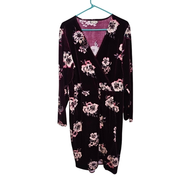 Faux Wrap Crushed Velevt Floral V-Neck Bodycon Burgundy Dress - Picture 1 of 6